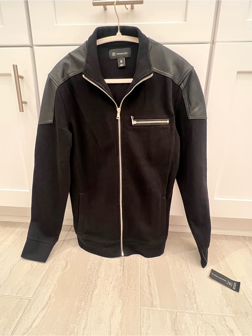 INC International Concepts Black Zip-Front Jacket with Leather-Trim Shoulders
